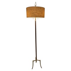 Midcentury French 1950 Brass, Bronze and Leather Tripod Floor Lamp