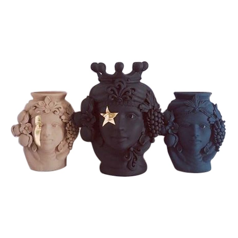 Moorish Heads Vases Collection "Ragusa", Set of 3 Pieces, Handmade in Italy
