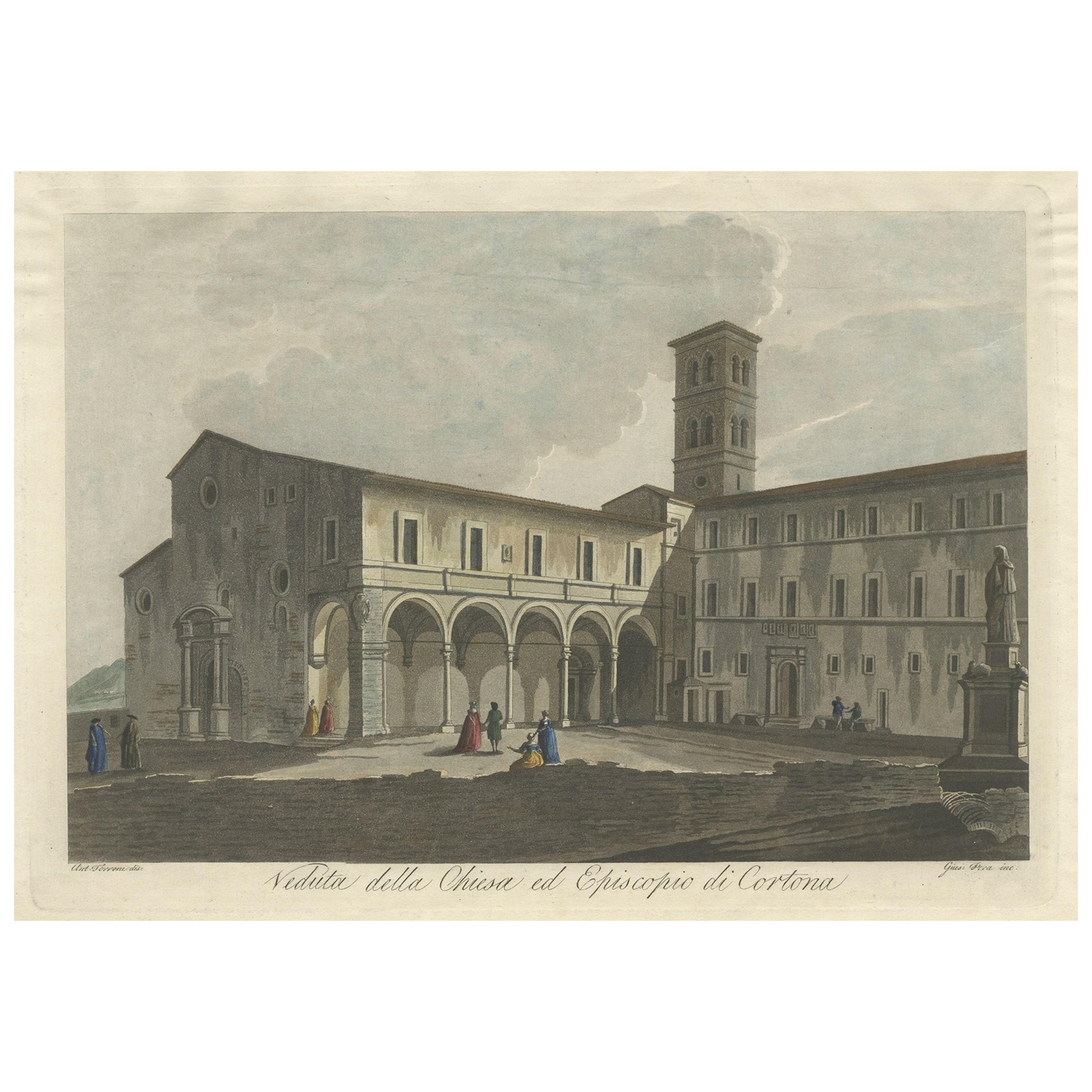 Vue de l'église de Cortona, une ville et le Comune Arezzo, en Toscane, Italie, 1800