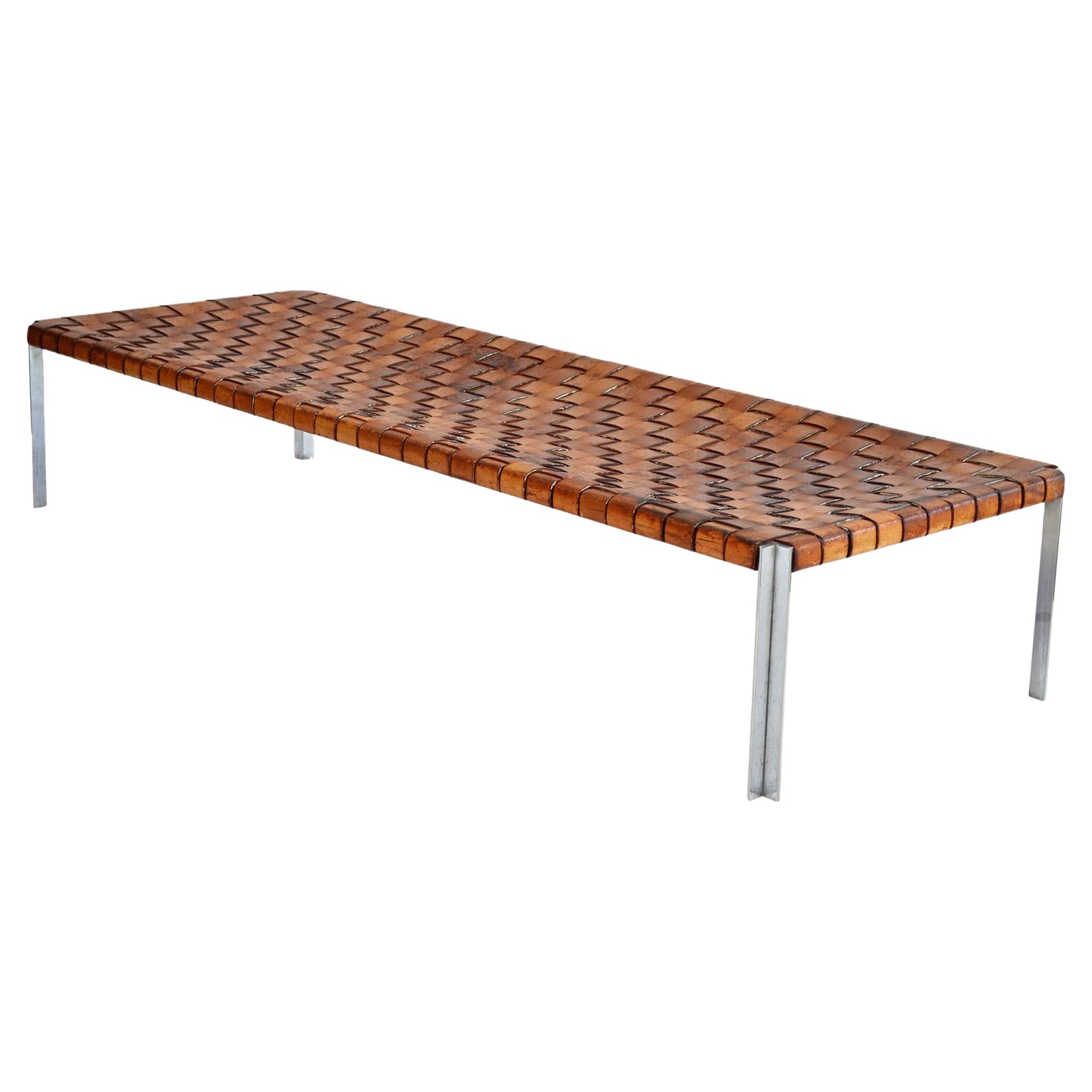 Vintage Woven Leather Long Bench by Katavalos Littell and Kelley Laverne c.1950s For Sale