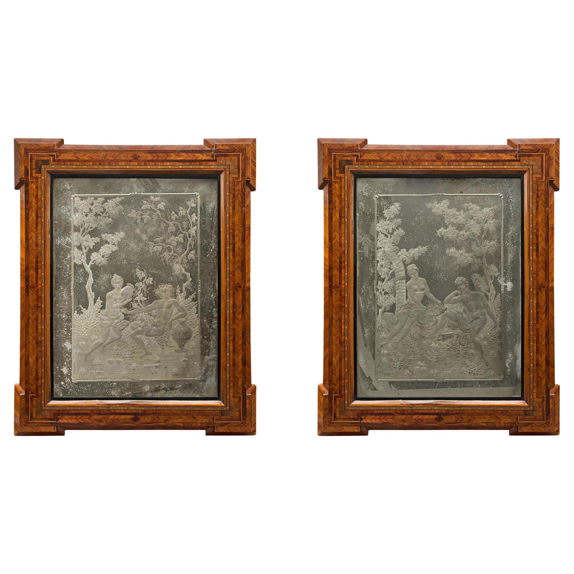 Pair of Italian 18th Century Venetian Etched Mirrors with Original Frames