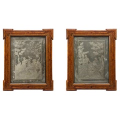 Pair of Italian 18th Century Venetian Etched Mirrors with Original Frames