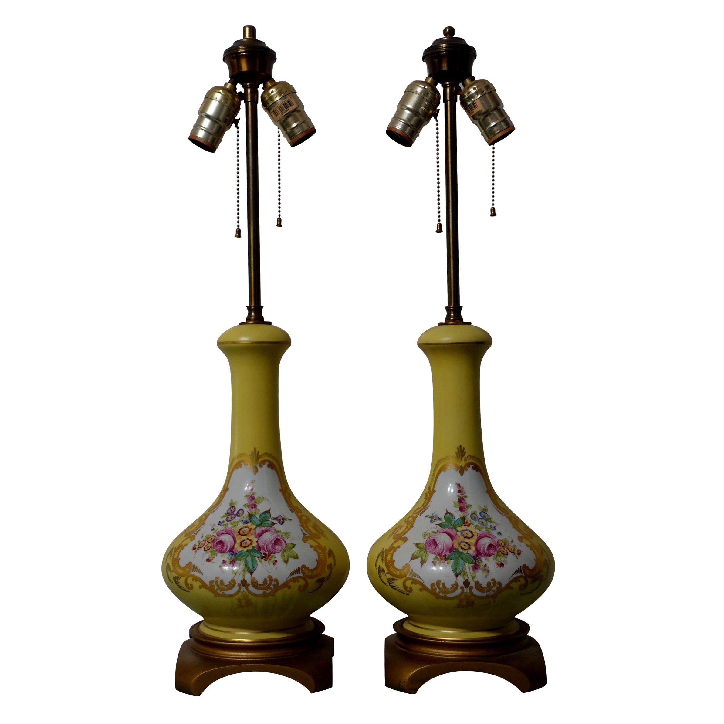 Antique Pair of Shaped Hand-Painted Reserved Floral Lamps, 1900s