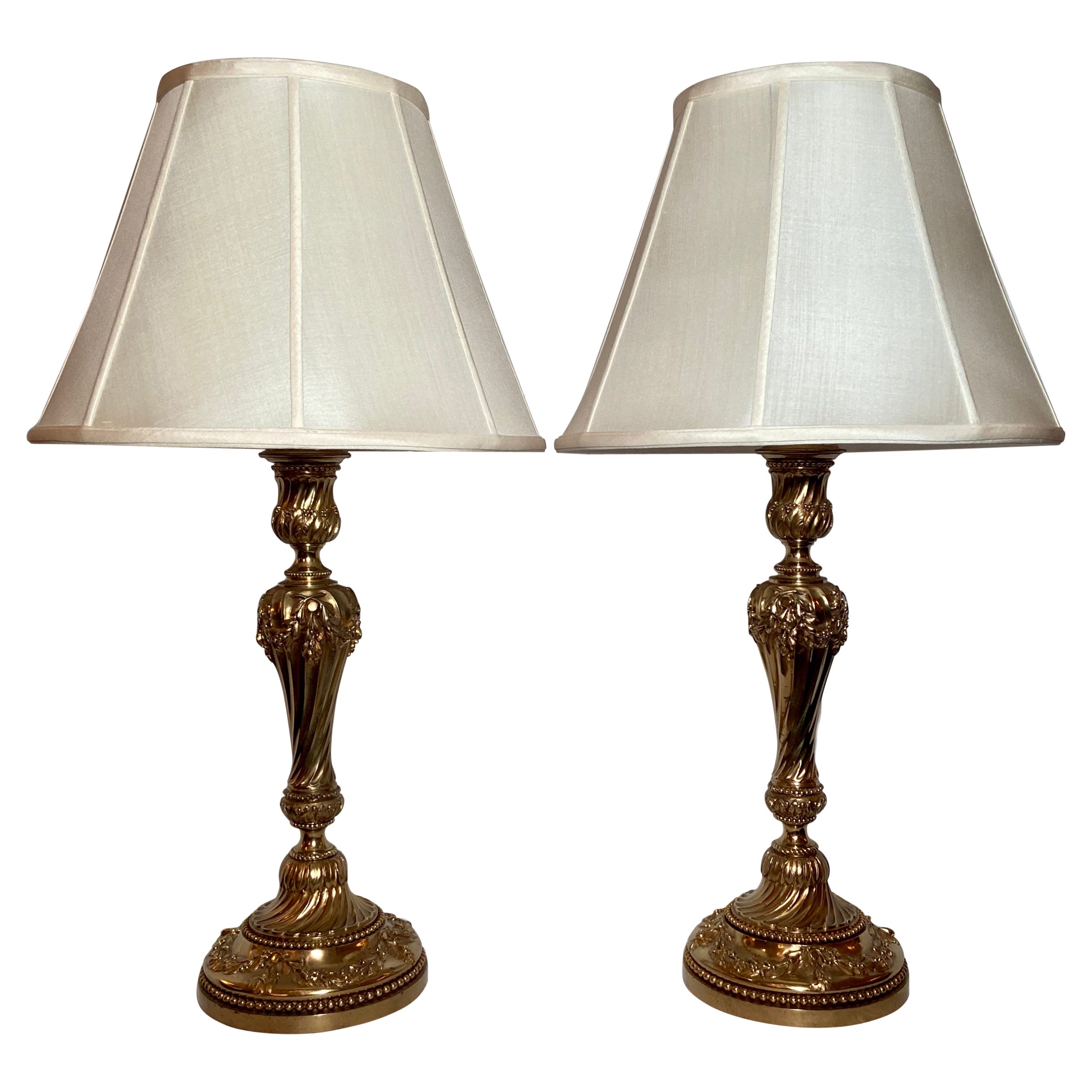 Pair Antique French Gold Bronze Lamps, Circa 1890