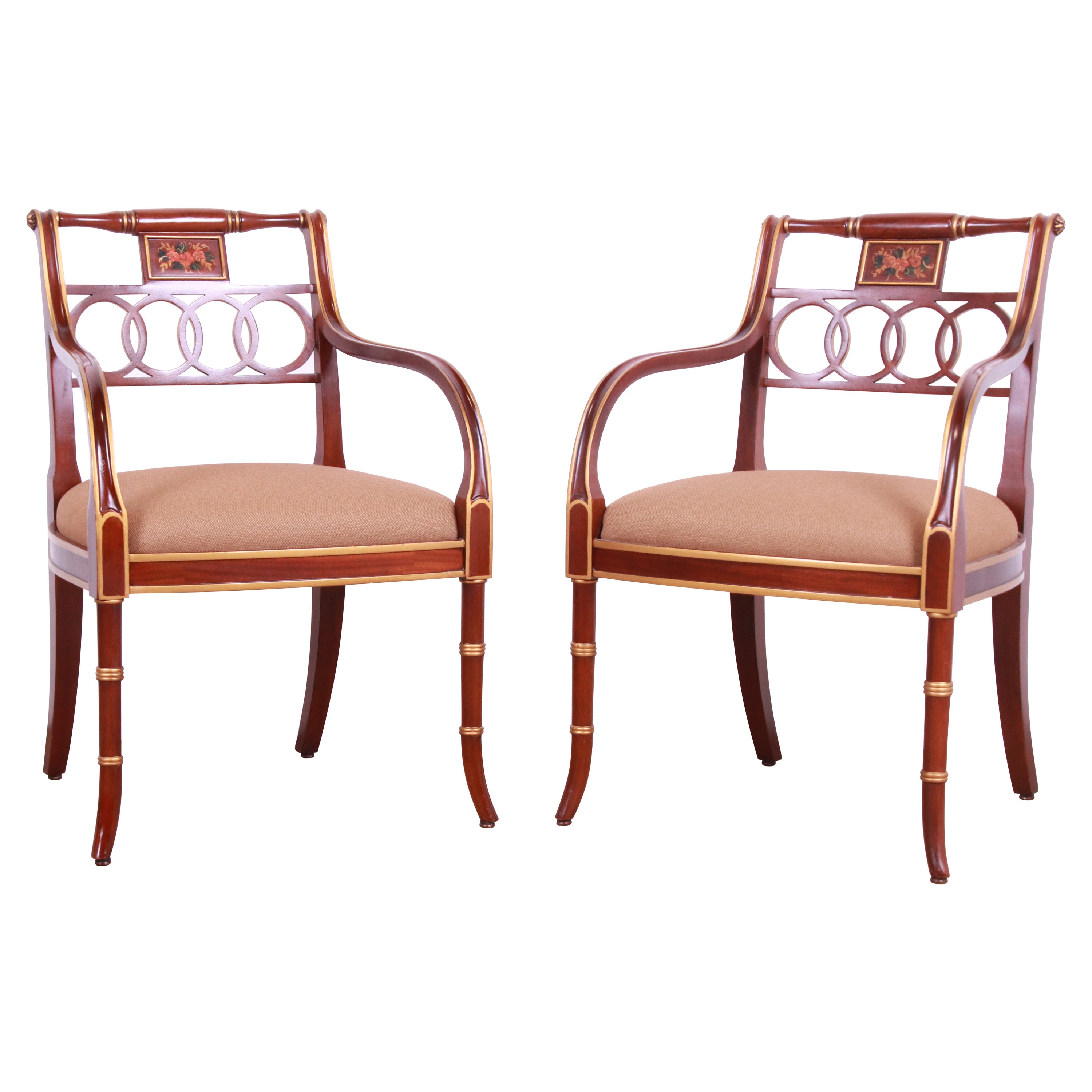 Pair of Baker Black Lacquer and Gilt Armchairs at 1stDibs