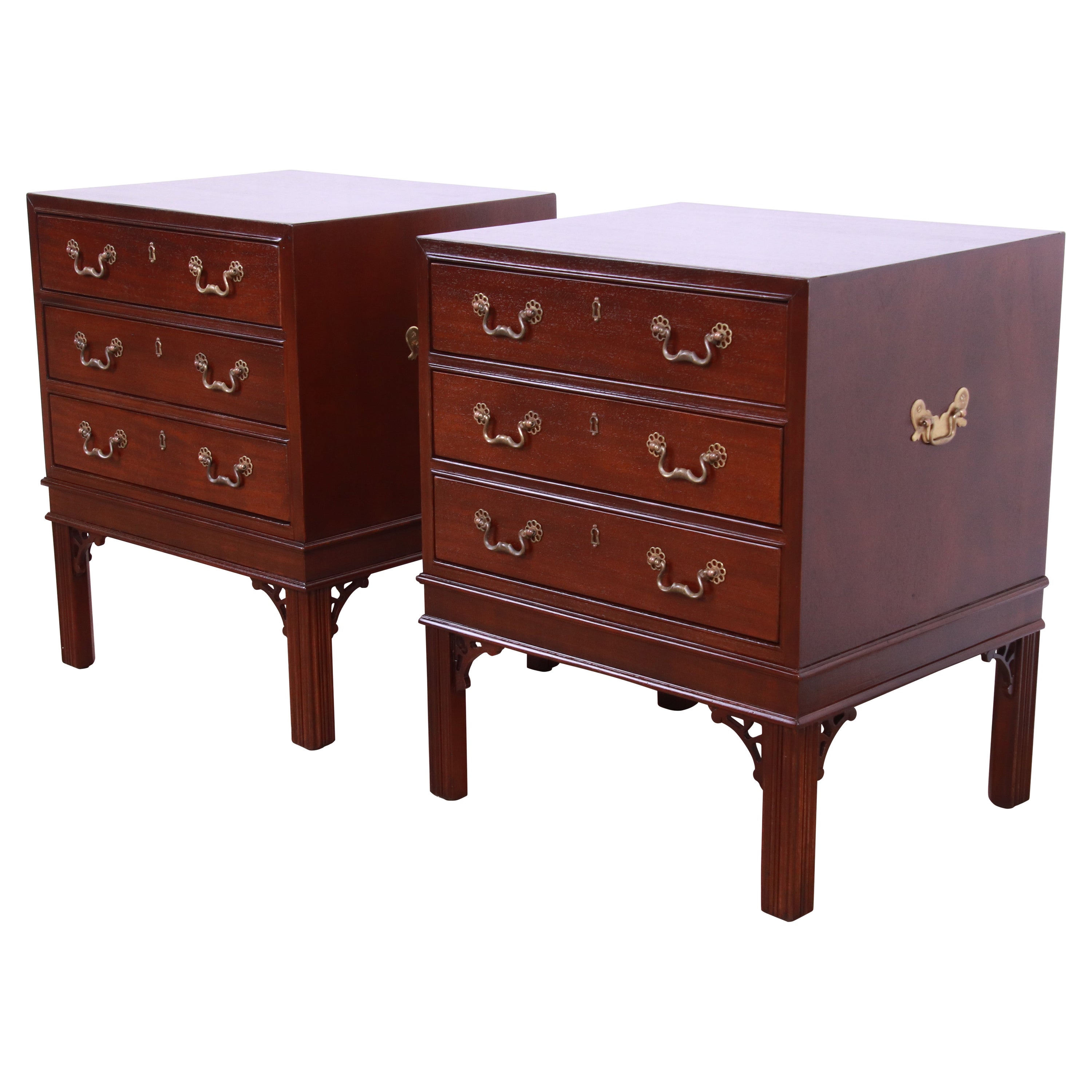 Henredon Chinese Chippendale Carved Mahogany Nightstands, Newly Refinished