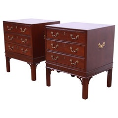Retro Henredon Chinese Chippendale Carved Mahogany Nightstands, Newly Refinished