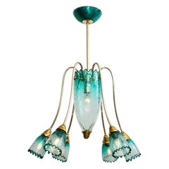 Italian Murano Teal Blue Glass Chandelier Attributed to Seguso