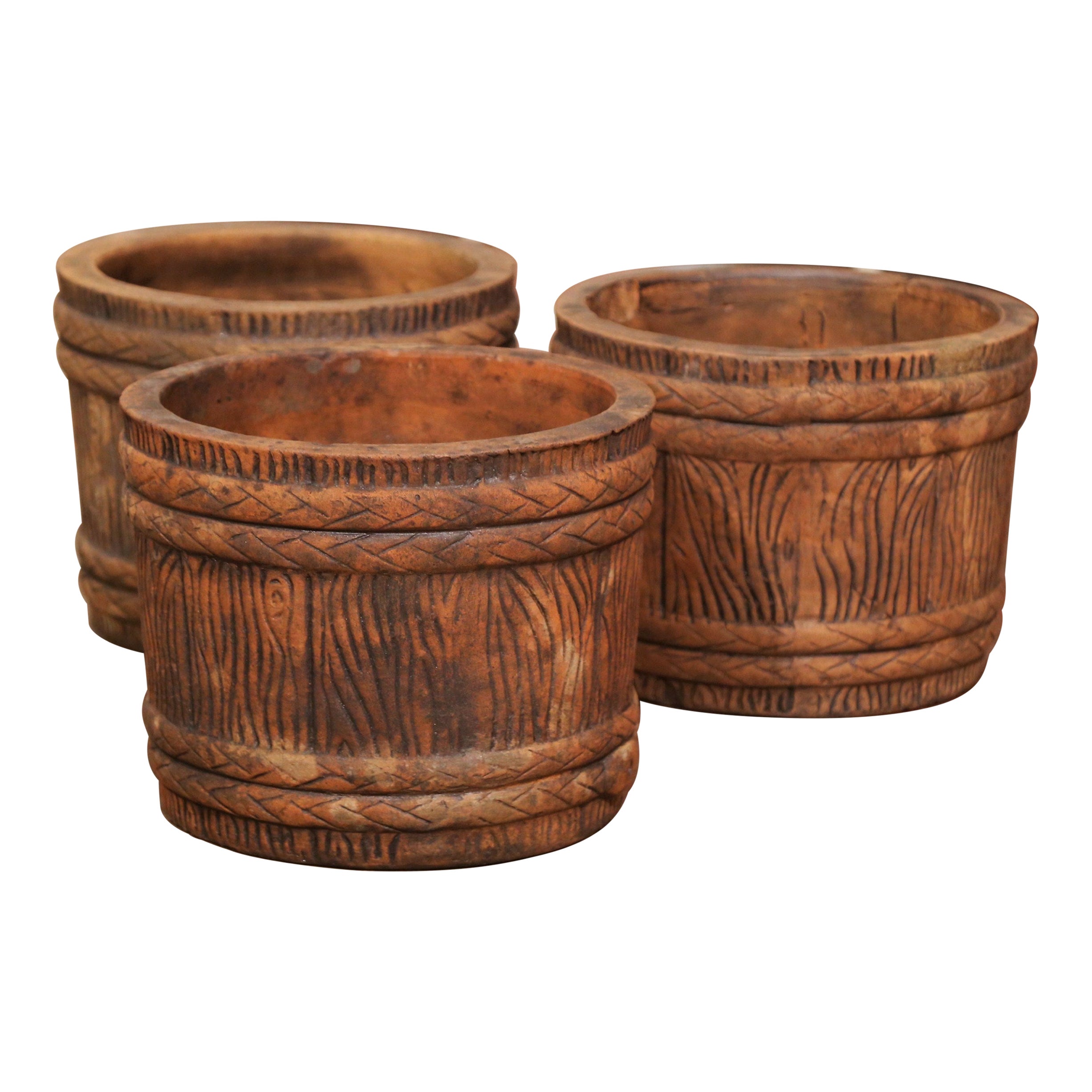 Mid-Century French Terracotta Barrel & Tree Trunk Form Garden Planters, Set of 3 For Sale