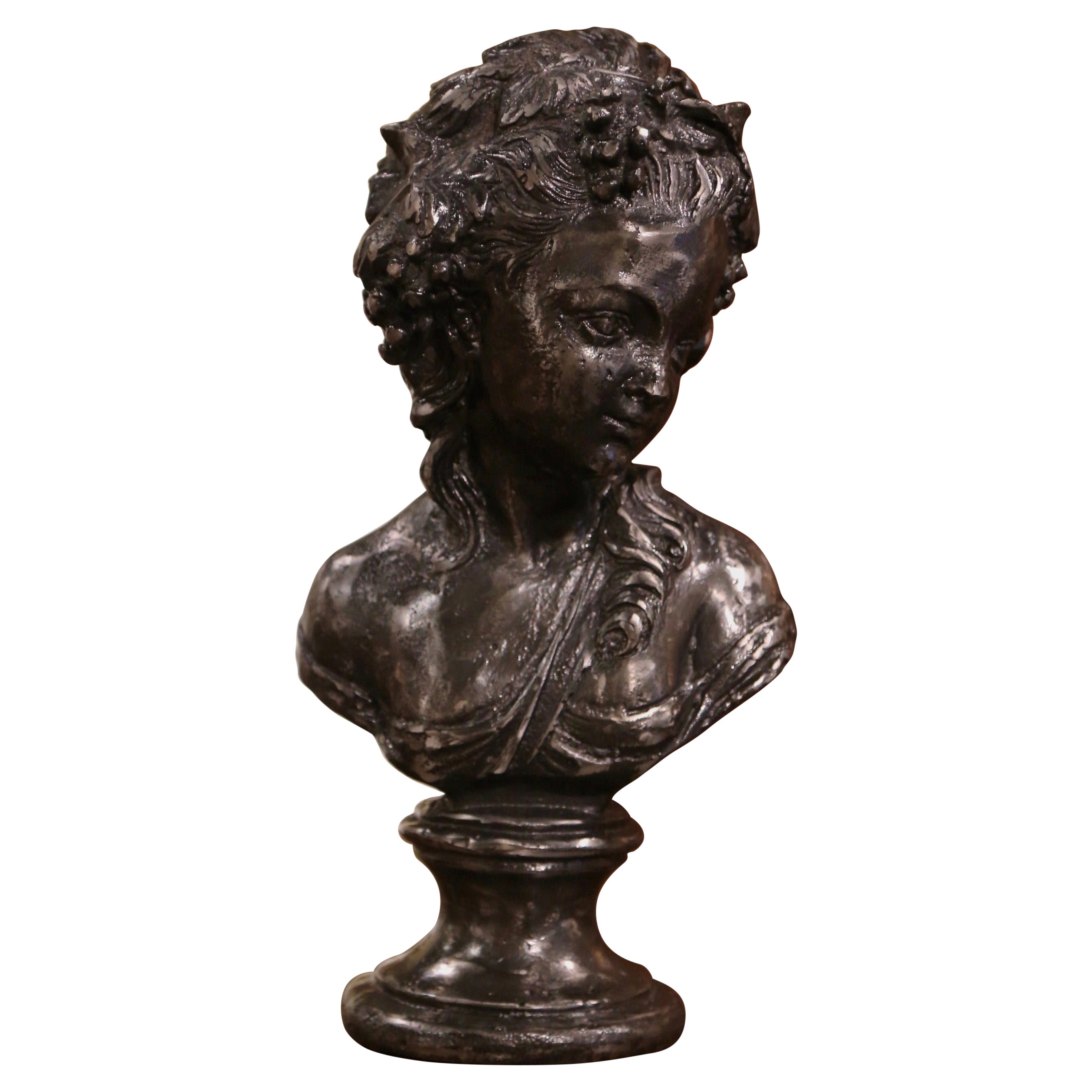 Mid-Century French Polished Iron Bust of Young "Bacchante" Female For Sale