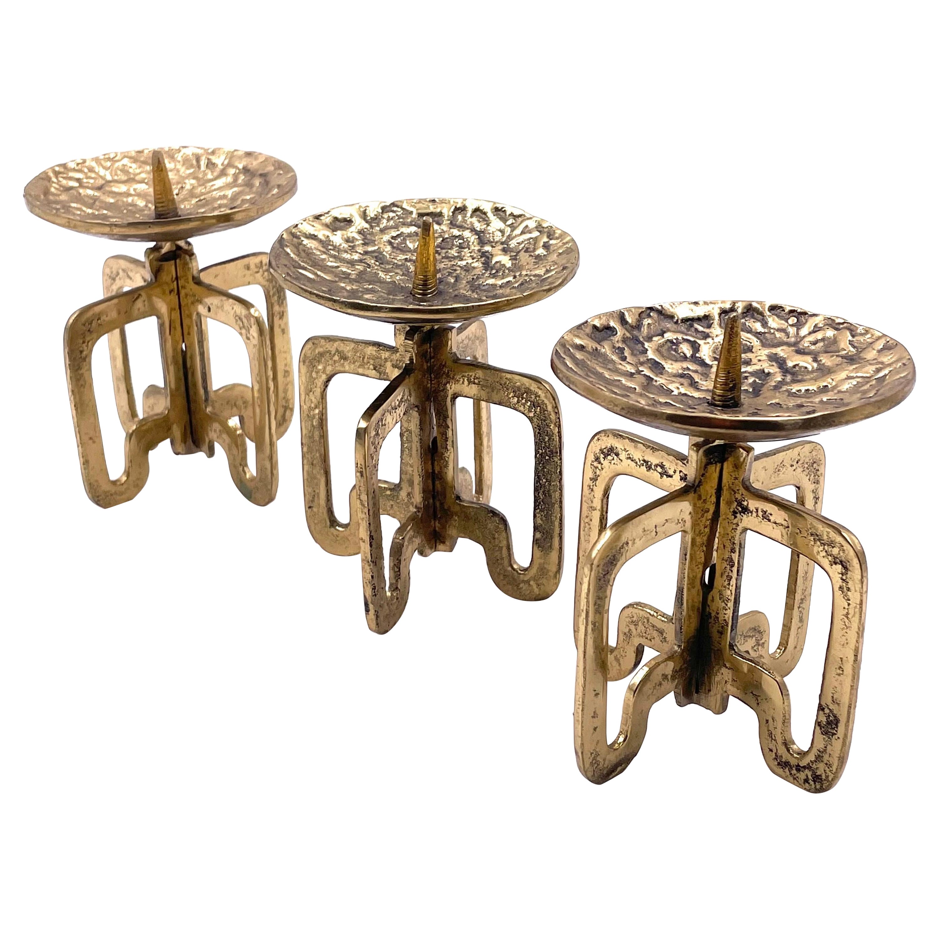 Set of 3 Brutalist Rare Hand Hammered Brass Austrian Candle Holders For Sale