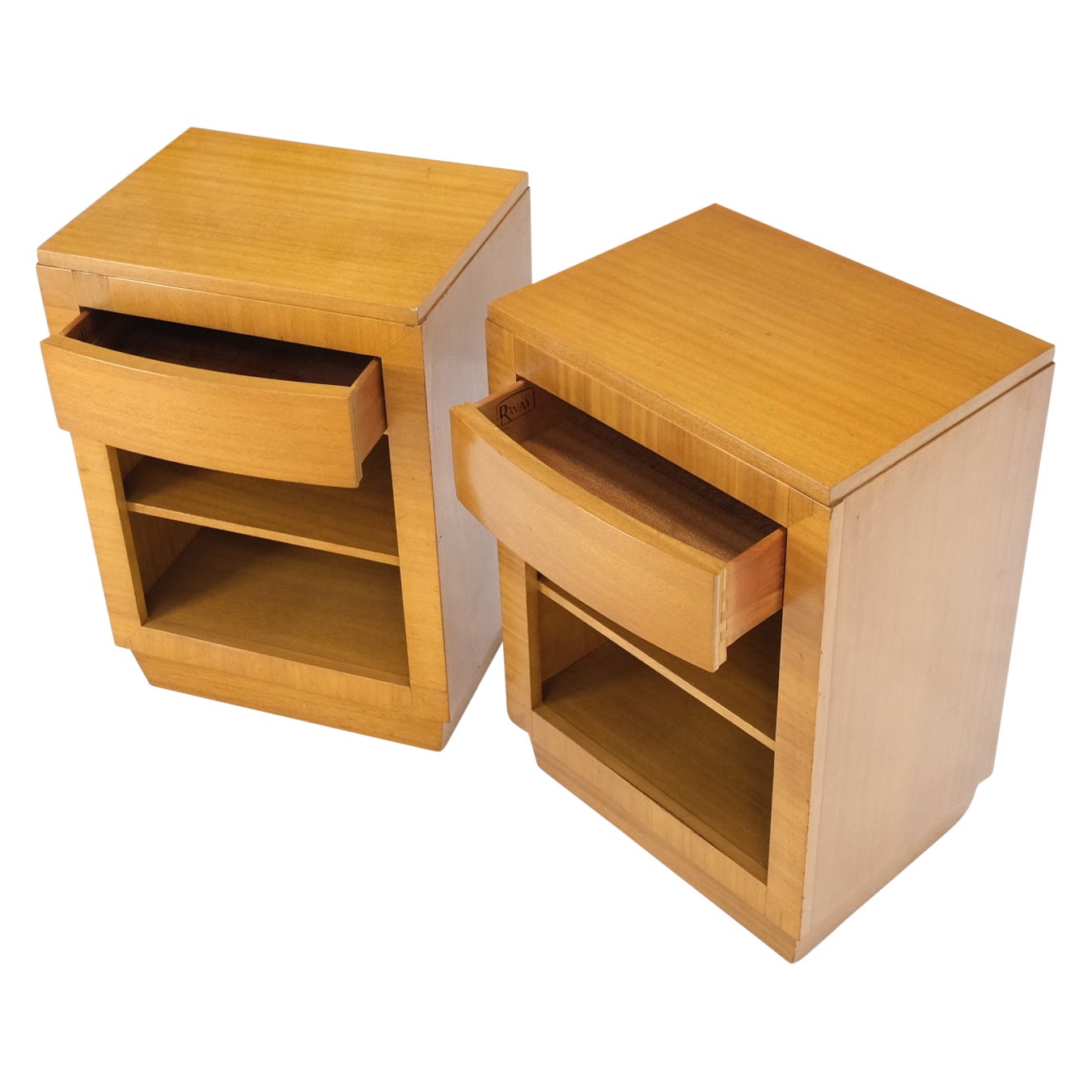 Pair Art Deco Mid-Century Modern Blond Mahogany 1 Drawer Shelf Night Stands Mint For Sale