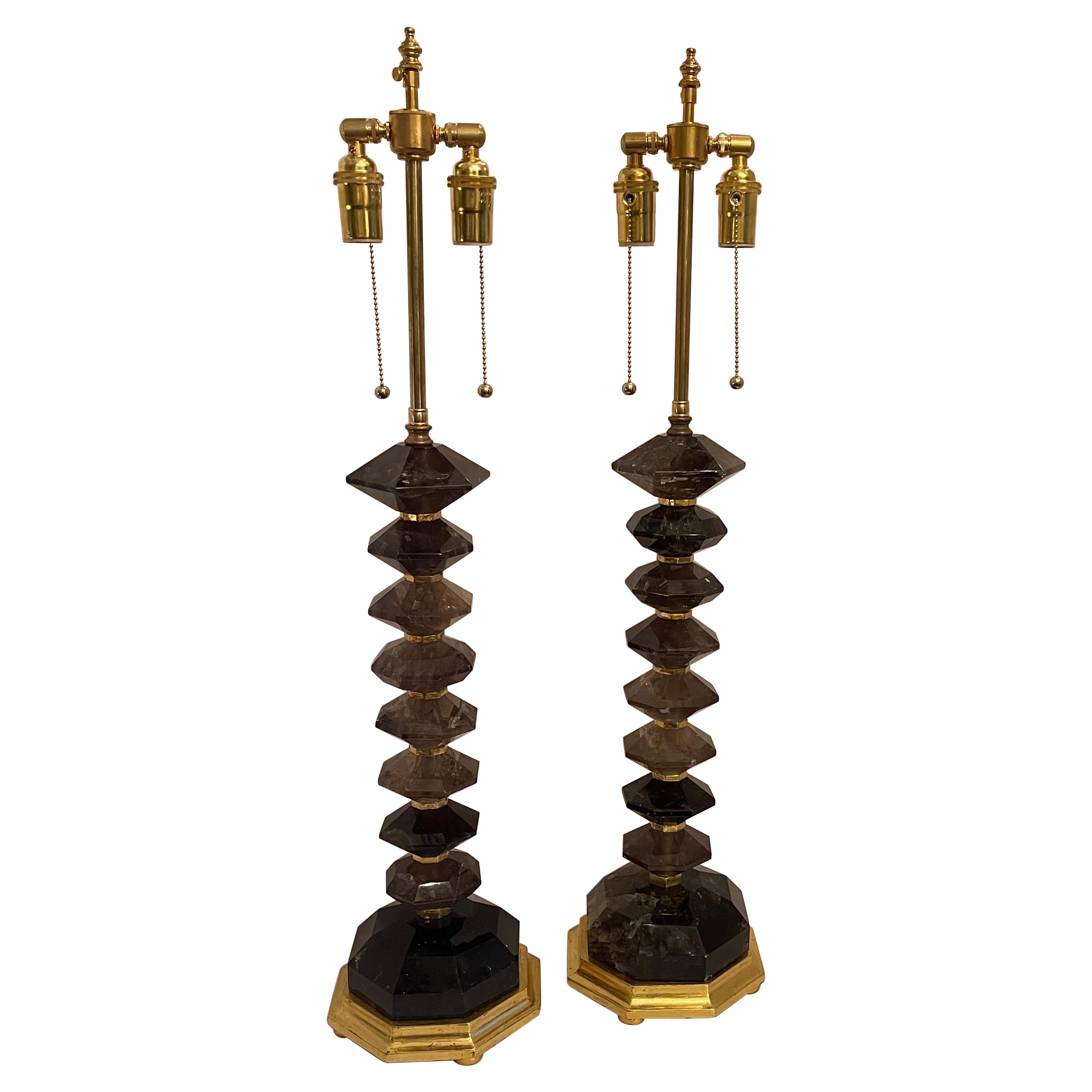 Paar Mid-Century Modern Bagues-Lampen, Tee, Bergkristall, Rauchquarz, vergoldet, Paar