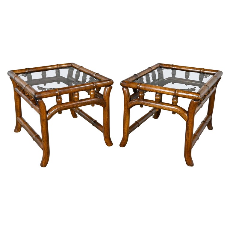 Vintage Organic Modern Faux Rattan & Etched Smoked Glass Top End Tables a Pair For Sale