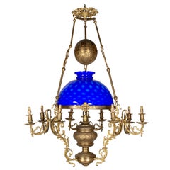 19th Century French Glass and Brass Oil Lamp Chandelier
