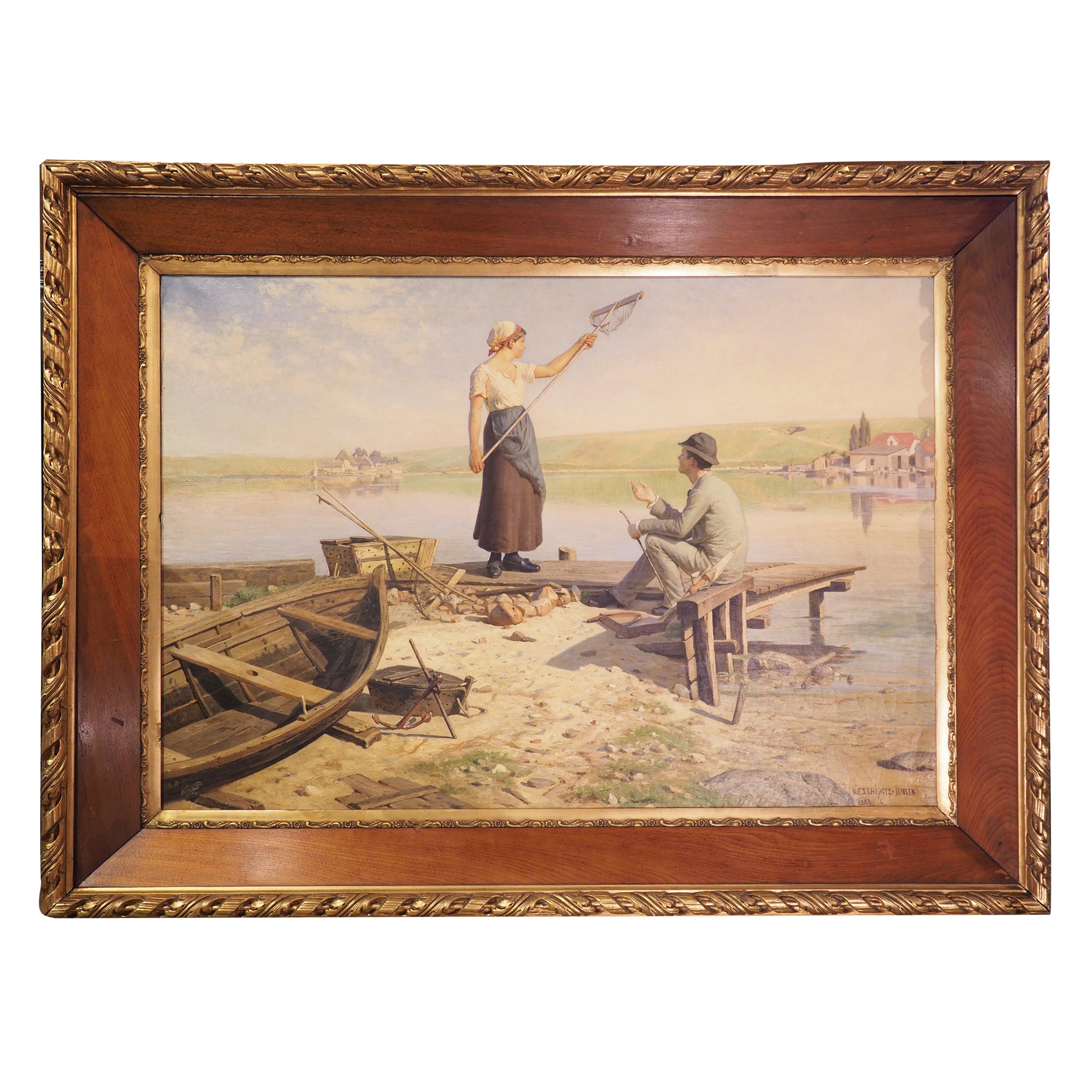 Large Antique Danish Oil Painting, "At The Ferry"