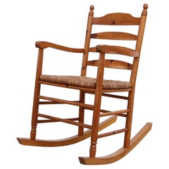 Antique Danish Mid-Century Pine and Rush Rocking Chair