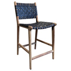 Teak Wood and Black Leather Woven Counter Stools with Backs