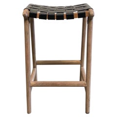 Teak Wood and Woven Counter Stools in Black Leather