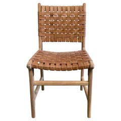 Teak and Leather Woven Strap Dining Chairs