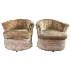 Pair of Crushed Velvet Swivel Chairs in Champagne Ivory 