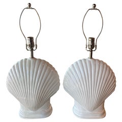 Vintage Pair of Plaster White Scallop Seashell Shell Table Lamps Newly Wired