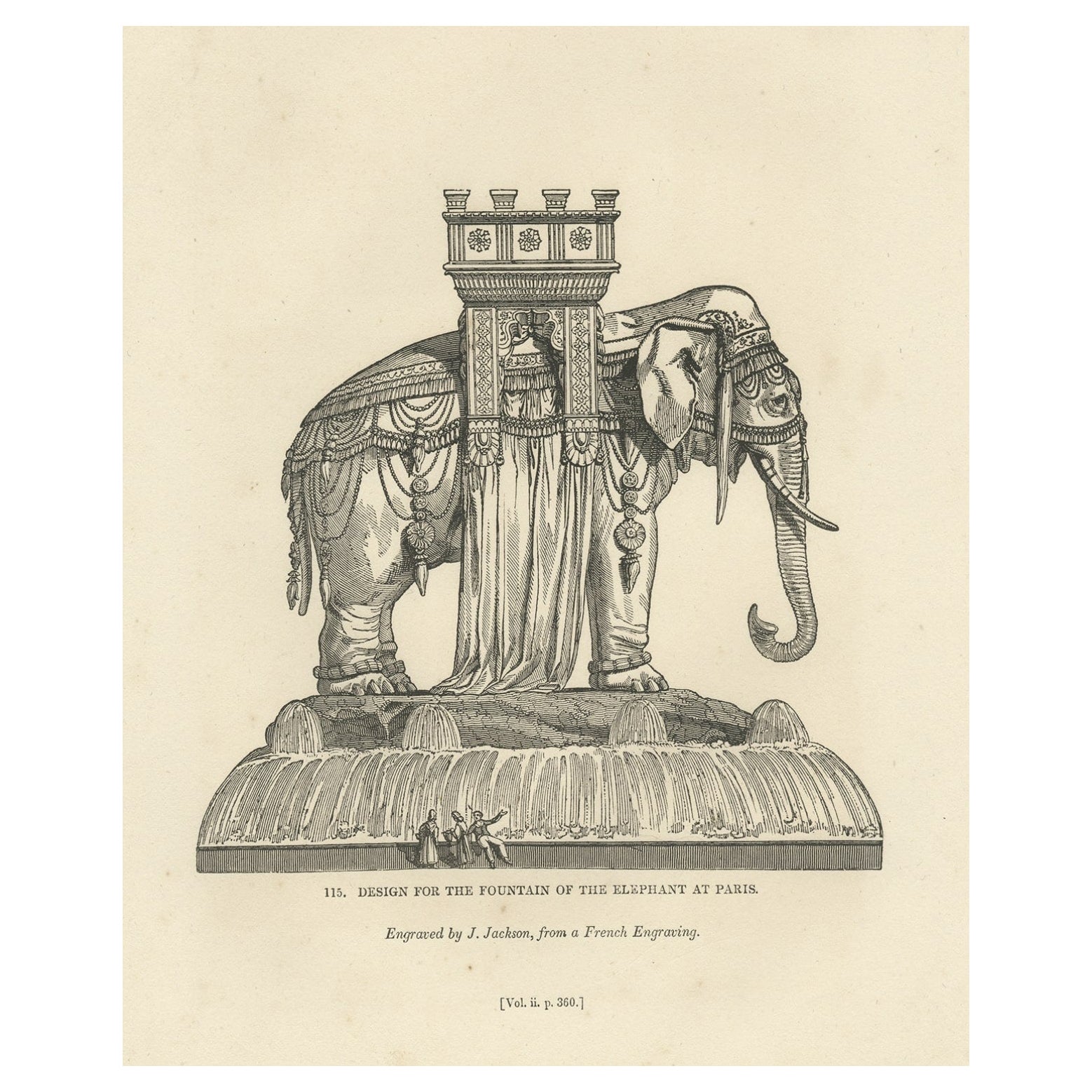 Original Antique Print of the Fountain of the Elephant in Paris, France, 1835