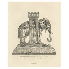 Original Antique Print of the Fountain of the Elephant in Paris, France, 1835