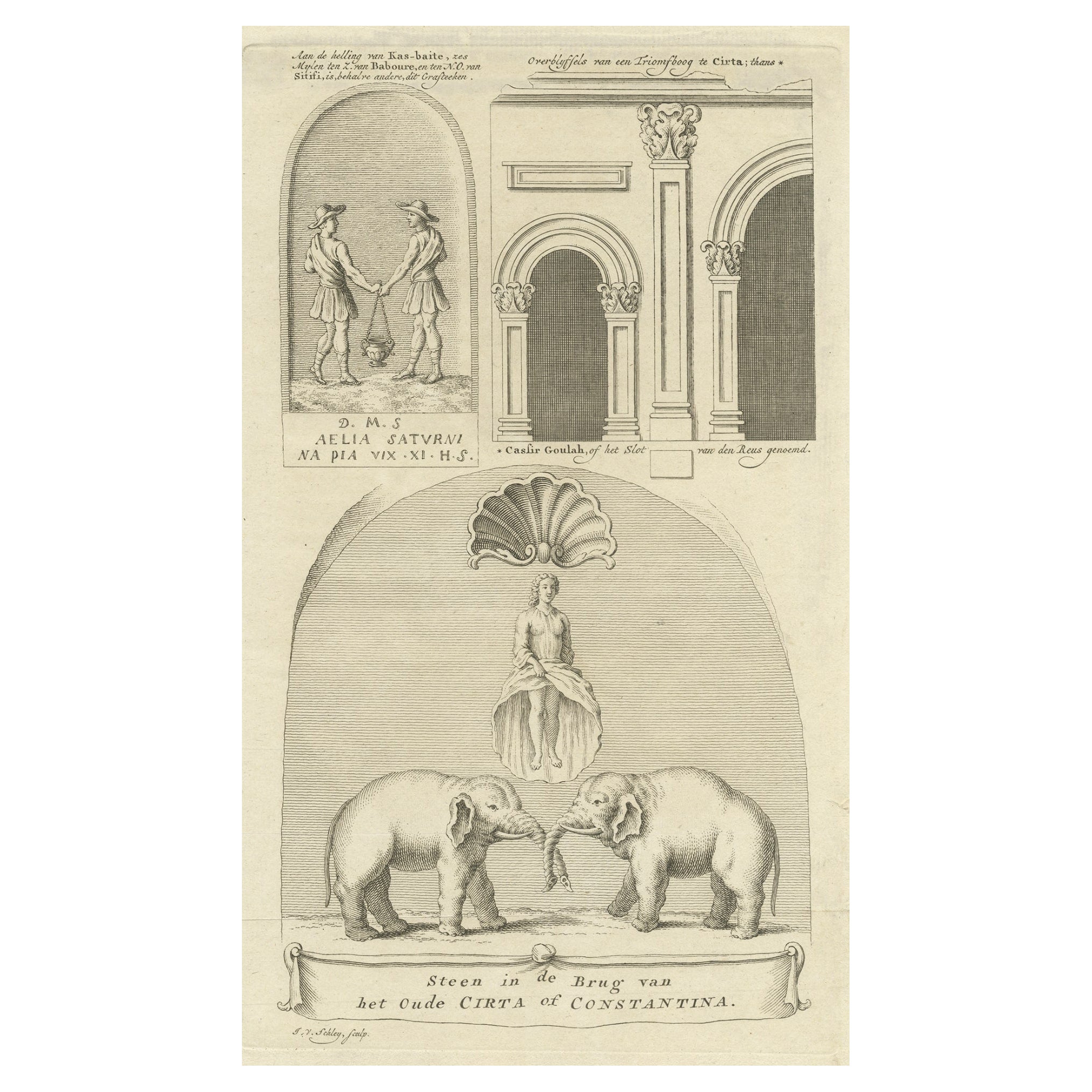 Old Print of Stone with Elephants from the Bridge of Constantine, Algeria, 1773