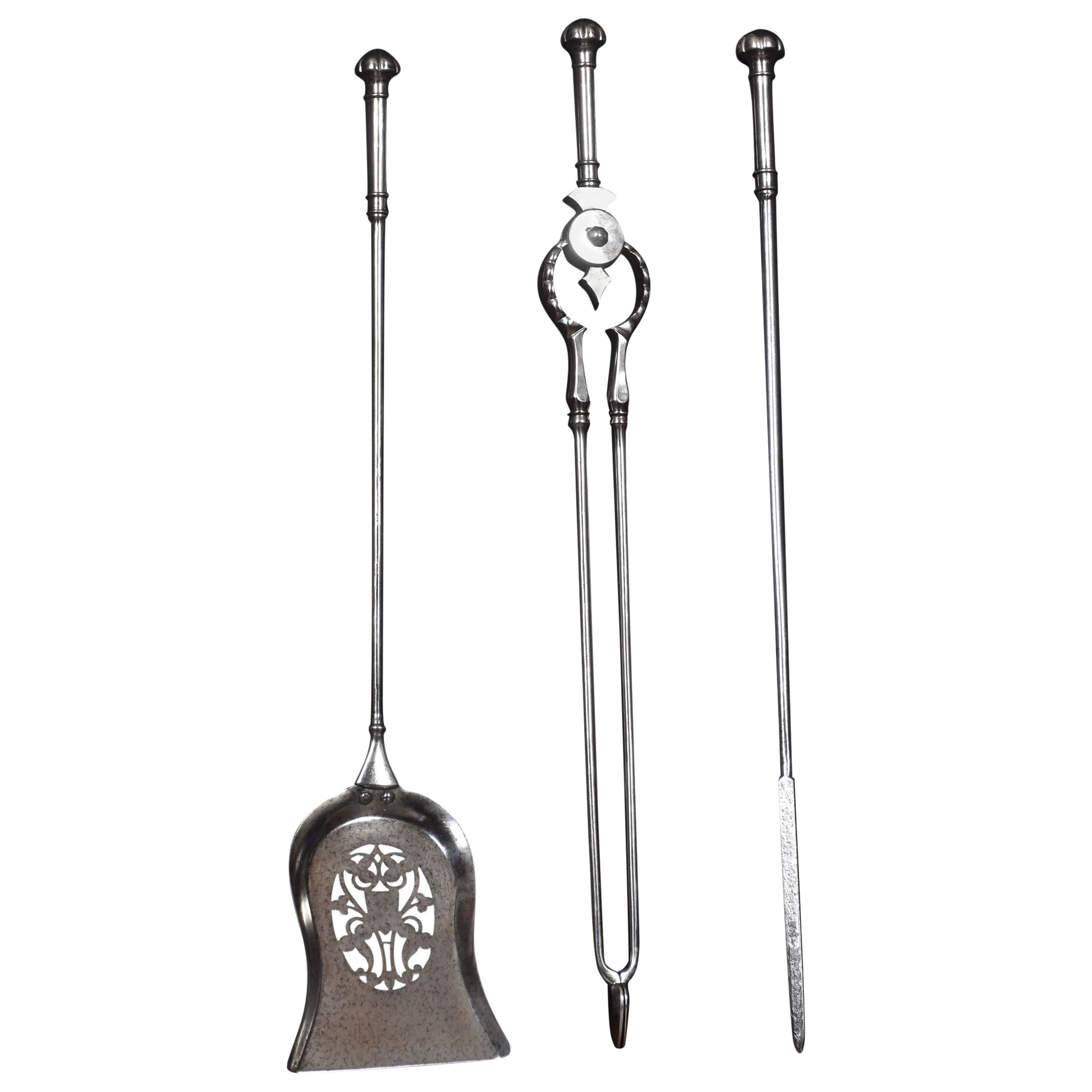 Polished Steel Triple Companion Fire Tool Set For Sale