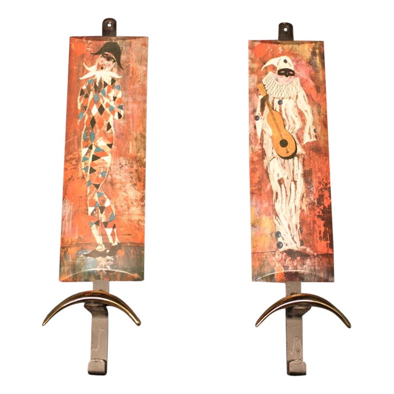 Mid-Century Italian Wall Coat Rack in Metal, Brass and Resin with Carnival Masks