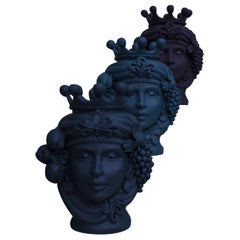 Moorish Heads Vases Collection "Catania Green", Set of 3, Handmade in Italy