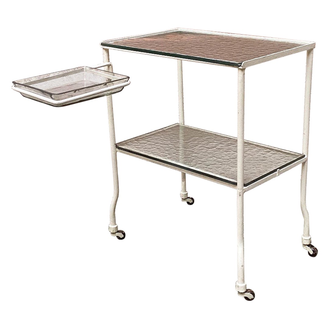 Italian Mid Century Glass and White Metal Laboratory Trolley on Wheels, 1940s For Sale