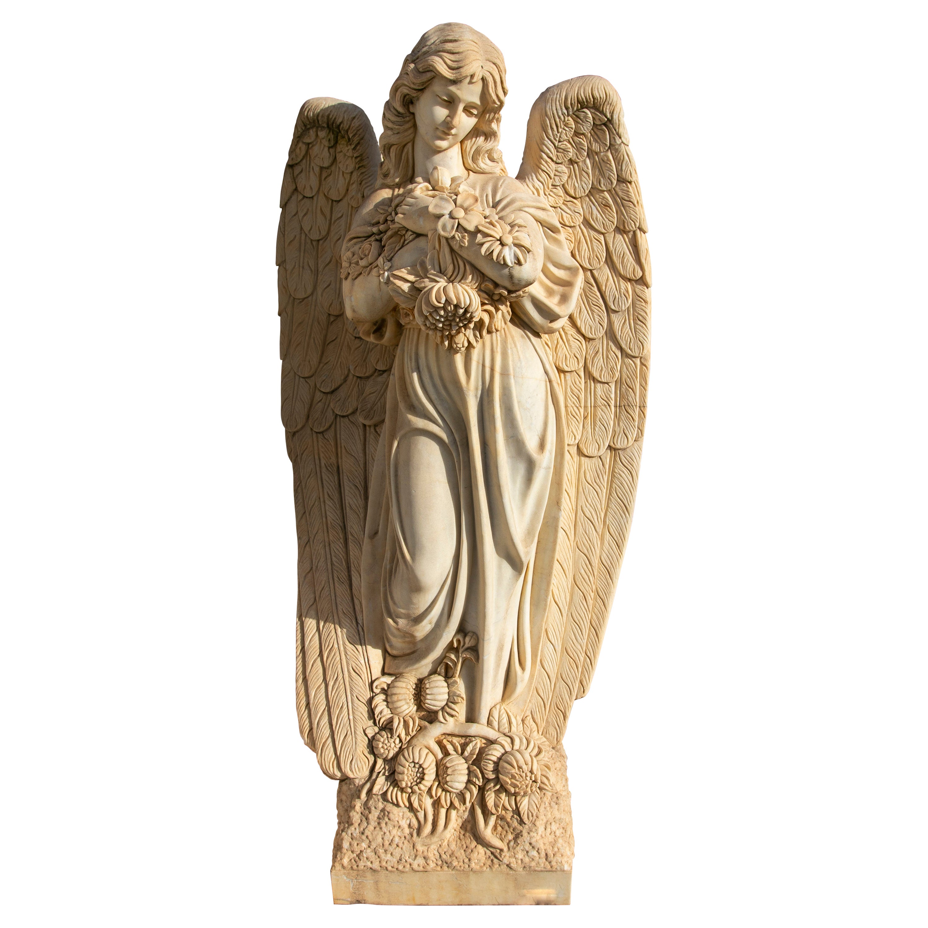 1990s Hand Carved Romano Travertine Marble Winged Angel Sculpture