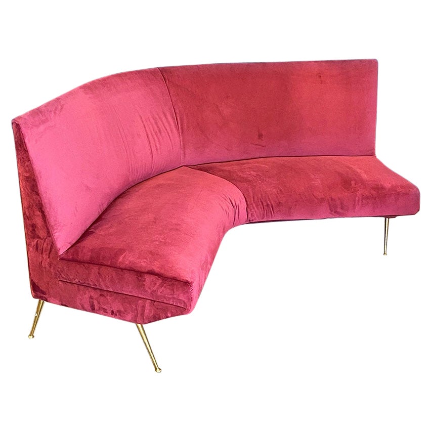 Italian Mid-Century Modern Cherry Colored Velvet and Brass Legs Curved Sofa 1950