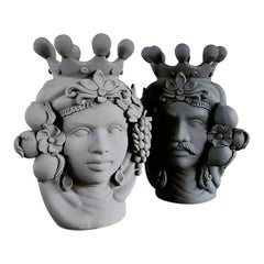 Moorish Heads Vases Collection "Cool Gray", Set of 2 Pieces, Handmade in Italy