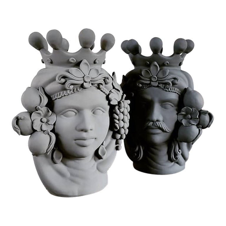 Moorish Heads Vases Collection "Cool Gray", Set of 2 Pieces, Handmade in Italy For Sale
