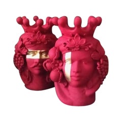 Moorish Heads Vases Collection "Red and Gold", Set of 2, Handmade in Italy