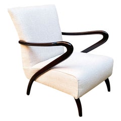 Italian Mid Century White Cotton and Curved Wood Armchair with Armrests, 1950s