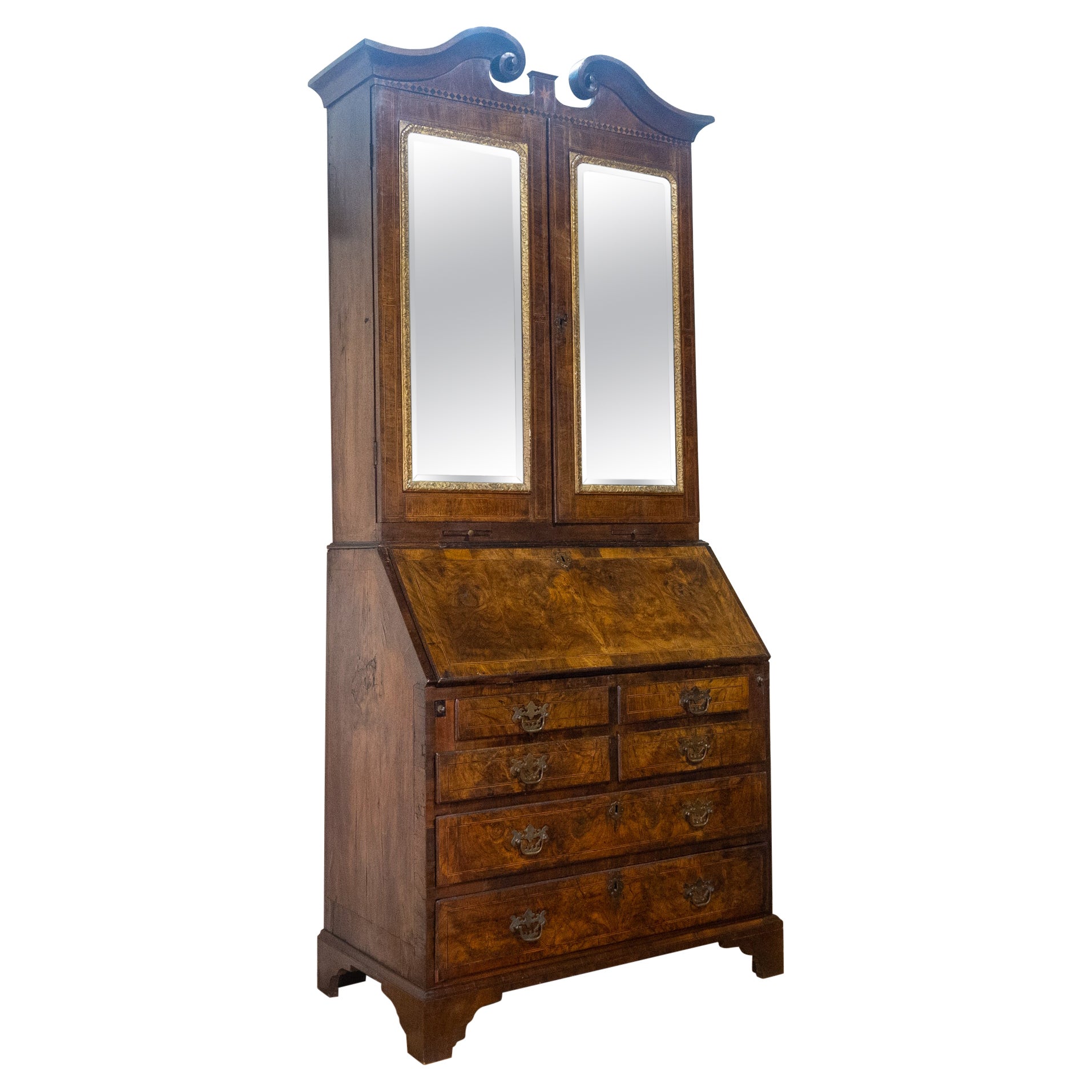 An 18th Century George I Walnut & Feather Banded Fall Front Bureau Bookcase For Sale