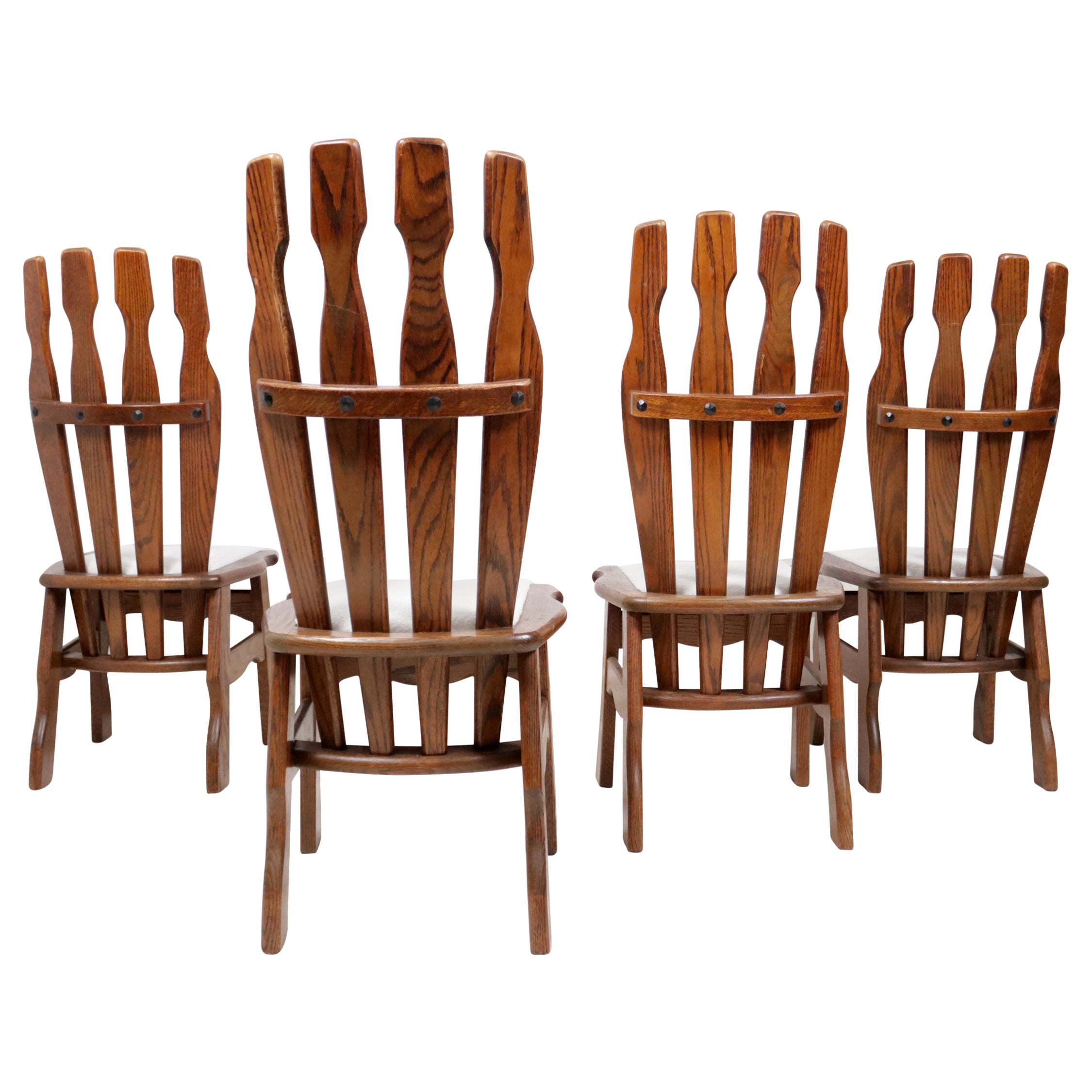 Set of 4 Brutalist Mid-Century Oak Dining Room Chairs, 70's