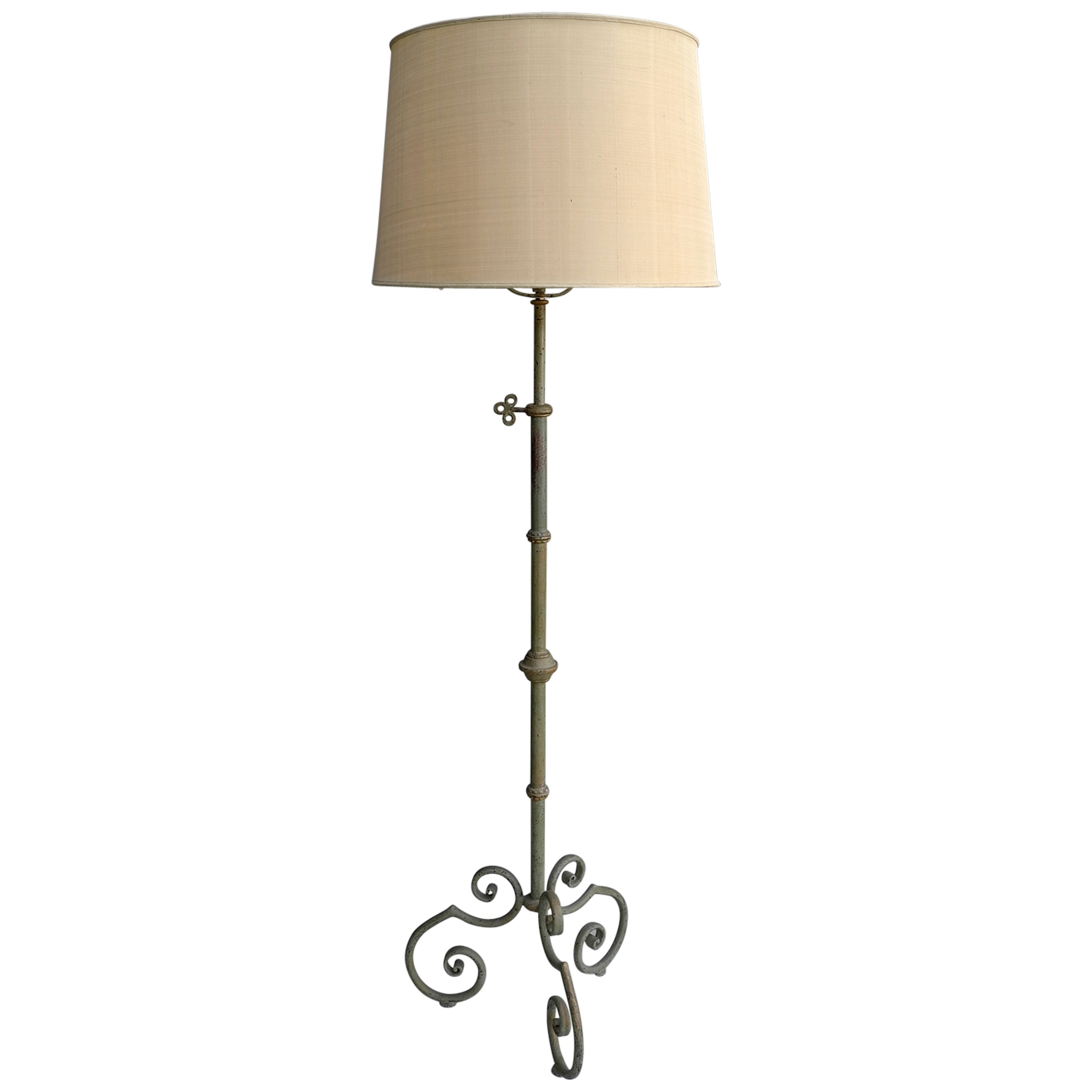 Wrought Iron Provincial Green Patina Floorlamp with Silk Shade, France, 1940's For Sale