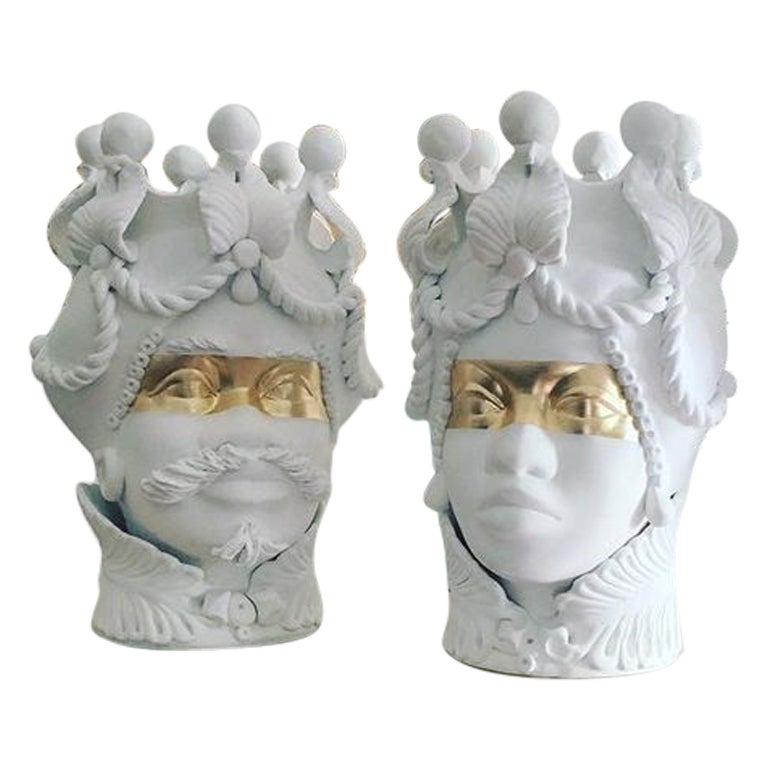 Moorish Heads Vases Collection "Acireale", Set of 2 Pieces, Handmade in Italy