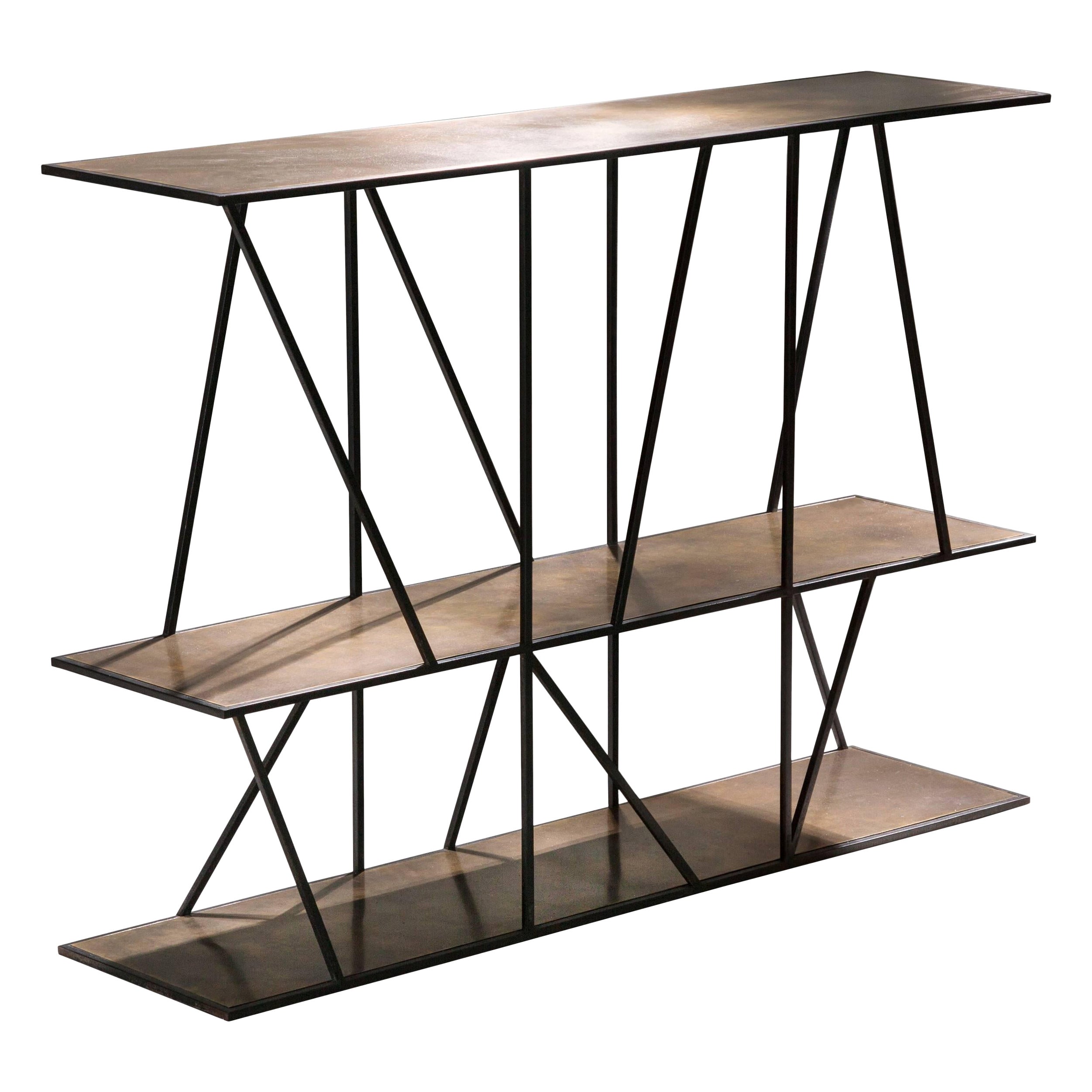 Staiths Console Table — Small — Blackened Steel Frame — Patinated Brass Top For Sale