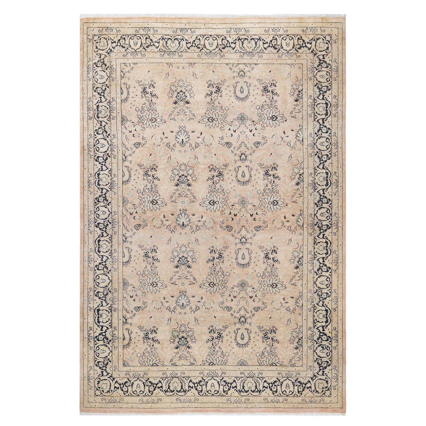 Tapis traditionnel Mogul beige unique fait à la main, unique en son genre