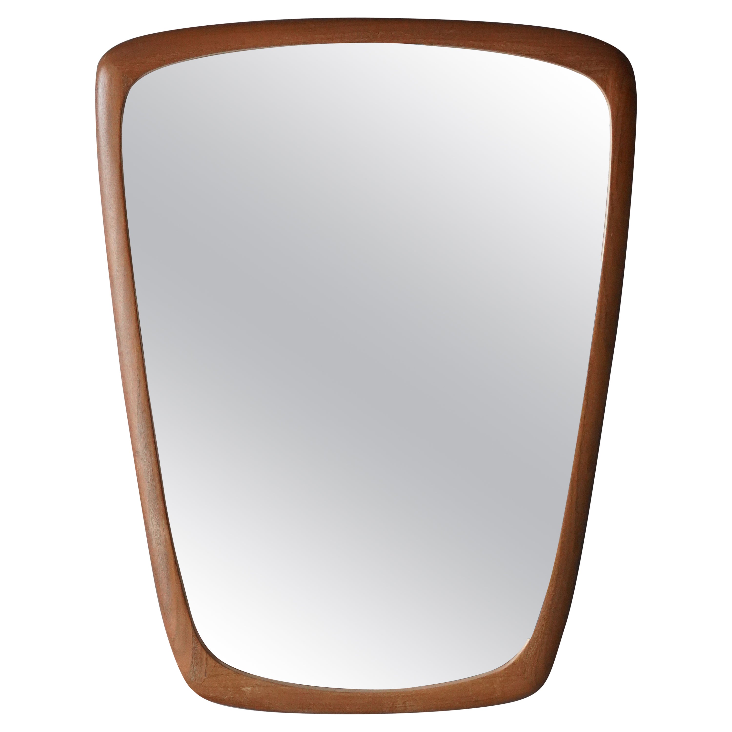 Swedish Designer, Wall Mirror, Carved Teak, Mirror Glass, Sweden, 1950s