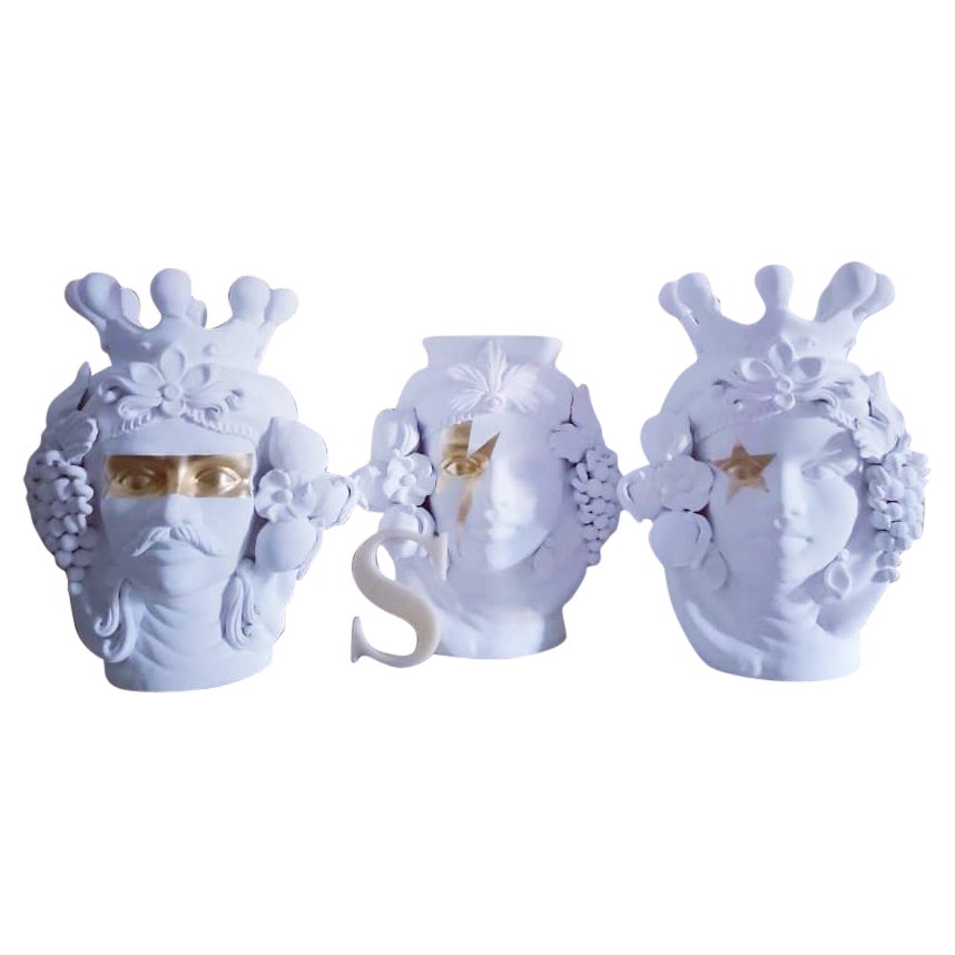 Moorish Head Matt Vases Collection "Vittoria", Set of 3, Handmade in Italy For Sale