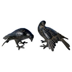 Japanese Antique Hand Cast Pair Black Wood Pigeons, Beautiful Details