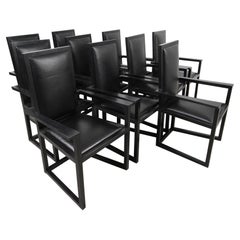 Set of 10 High Back Black Leather & Oak Armchairs