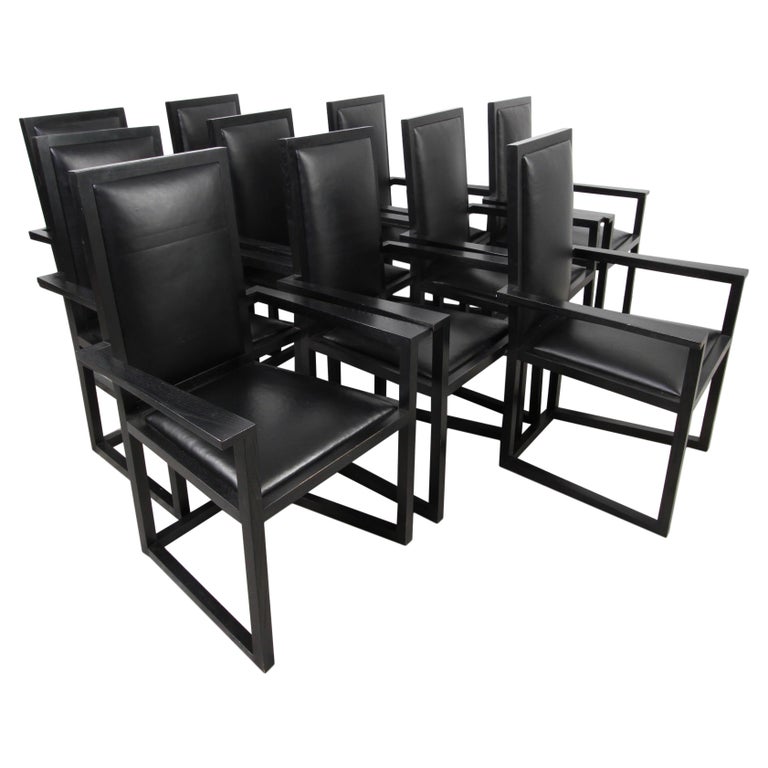Set of 10 High Back Black Leather and Oak Armchairs For Sale at 1stDibs